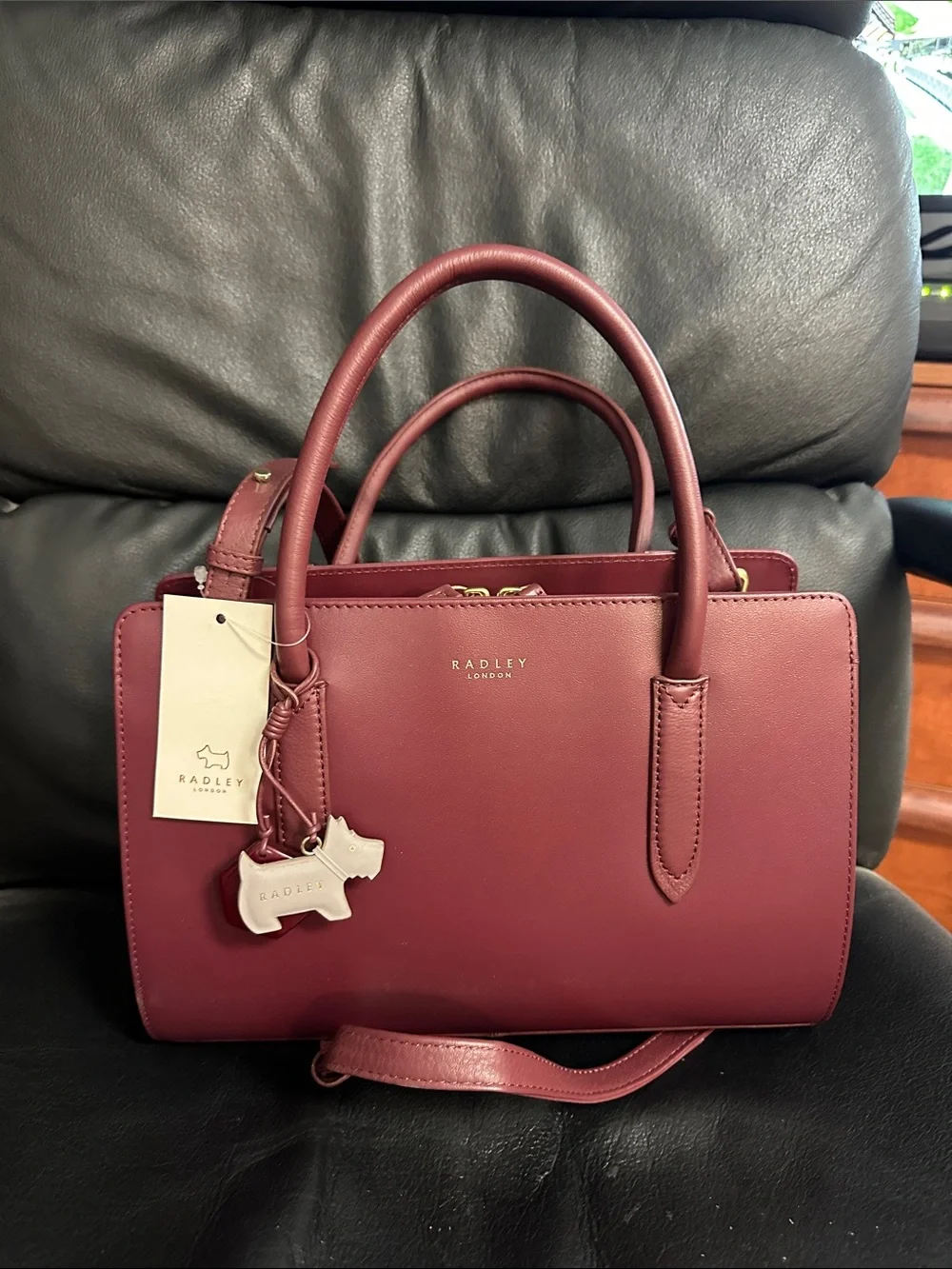 RADLEY LONDON Burgundy Leather Double-Handle Satchel with Dog Charm